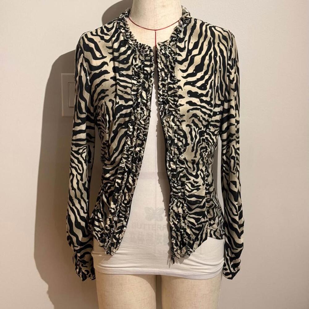 Joseph Ribkoff Zebra Print Full-zip Long Sleeve Jersey Ruffledโ Shirt Women's 14